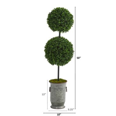 Image showing  Artificial 50 in. Boxwood Double Ball Topiary Tree in Vintage Metal Planter, UV-Resistant, Indoor/Outdoor