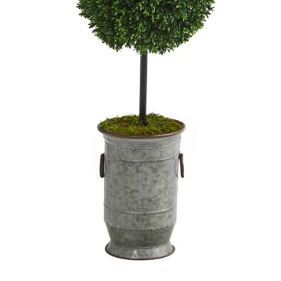 Image showing  Artificial 50 in. Boxwood Double Ball Topiary Tree in Vintage Metal Planter, UV-Resistant, Indoor/Outdoor