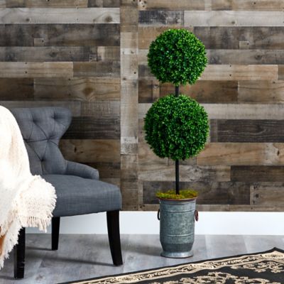 Image showing  Artificial 50 in. Boxwood Double Ball Topiary Tree in Vintage Metal Planter, UV-Resistant, Indoor/Outdoor