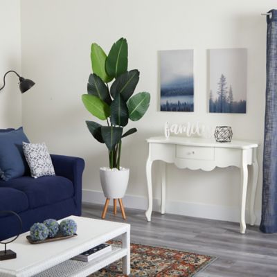 Image showing  Artificial 6 ft. Travelers Palm Tree in White Planter with Stand