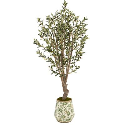 Nearly Natural Artificial 62 in. Olive Tree in Floral Print Planter