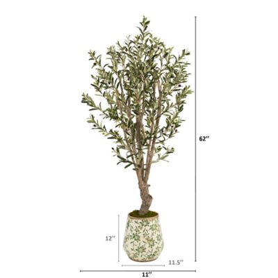 Image showing  Artificial 62 in. Olive Tree in Floral Print Planter