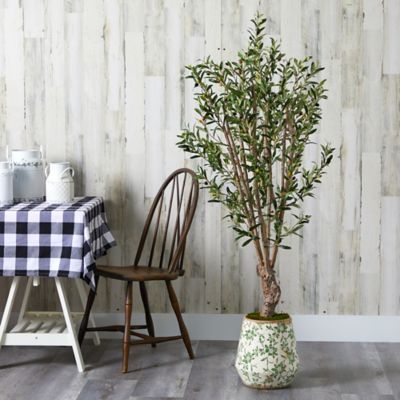Image showing  Artificial 62 in. Olive Tree in Floral Print Planter