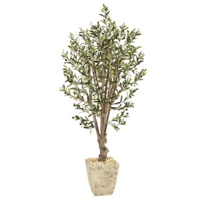 Nearly Natural Artificial 5 ft. Olive Tree in Country White Planter
