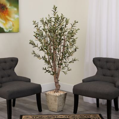 Image showing  Artificial 5 ft. Olive Tree in Country White Planter