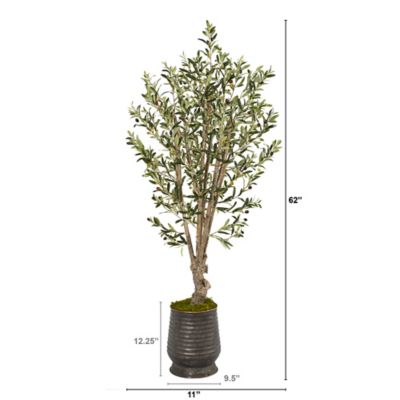 Image showing  Artificial 62 in. Olive Tree in Ribbed Metal Planter