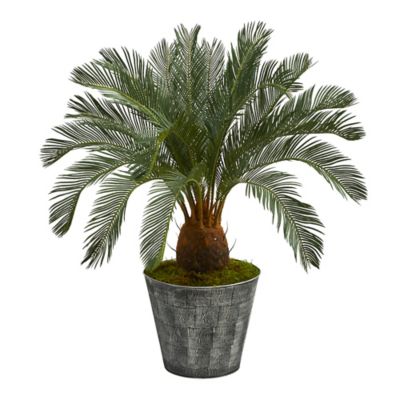 Nearly Natural 40 in. Artificial Cycas Tree in Black Embossed Tin Planter