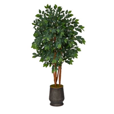 Nearly Natural 57 in. Artificial Sakaki Tree in Ribbed Metal Planter