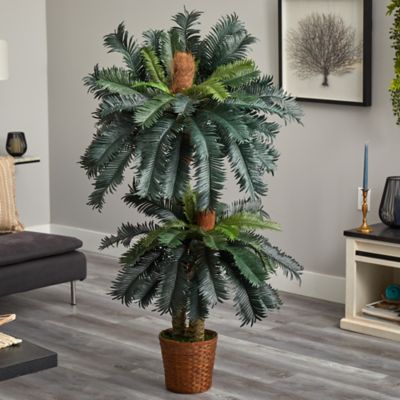 Image showing  5 ft. Artificial and 3 ft. Artificial Double Sago Palm Tree with Basket
