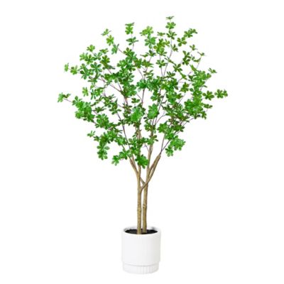 Nearly Natural 5 ft. Artificial Enkianthus Tree in White Decorative Planter