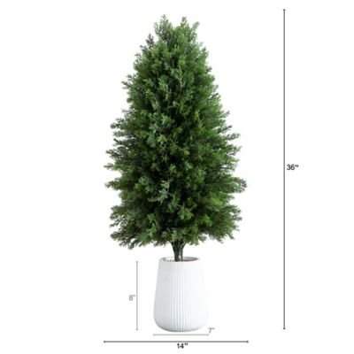 Image showing  3 ft. Artificial Cedar Tree in Decorative White Planter UV Resistant, Indoor/Outdoor