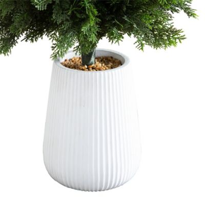 Image showing  3 ft. Artificial Cedar Tree in Decorative White Planter UV Resistant, Indoor/Outdoor