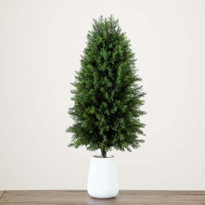 Image showing 7 th Nearly Natural 3 ft. Artificial Cedar Tree in Decorative White Planter UV Resistant, Indoor/Outdoor