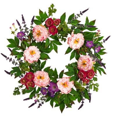 Nearly Natural 22 in. Artificial Assorted Peony Wreath