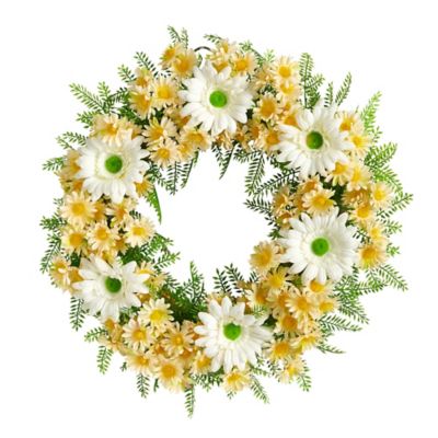 Nearly Natural 21 in. Artificial Mixed Daisy Wreath, White