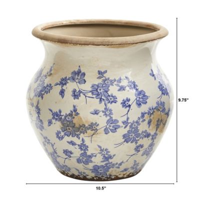 Image showing  10.5 in. Tuscan Ceramic Blue Scroll Urn Vase