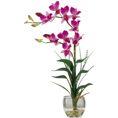 Nearly Natural 7 in. Artificial Dendrobium with Glass Vase Silk Flower Arrangement, Purple