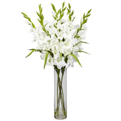 Nearly Natural Artificial 7 in. Large Gladiola with Cylinder Glass Vase Arrangement