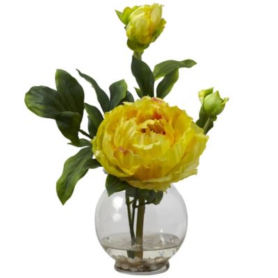 Nearly Natural 7 in. Artificial Peony with Fluted Vase Silk Flower Arrangement