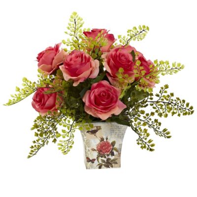 Nearly Natural 13 in. Artificial Rose & Maiden Hair Floral Arrangement with Floral Planter, Pink, 1379-DP