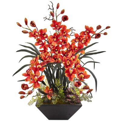 Nearly Natural 3 ft. Artificial Cymbidium Orchid Silk Arrangement with Black Vase