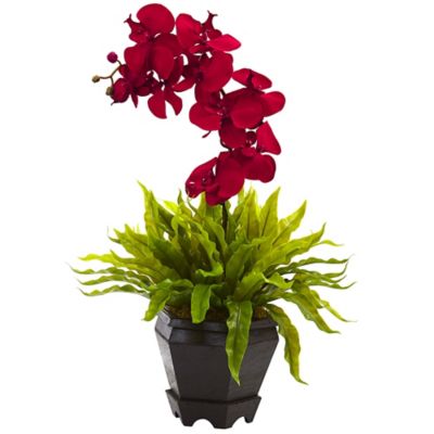 Nearly Natural 20 in. Artificial Birds Nest Fern & Orchid Silk Arrangement with Wood Planter, Red, 1429-RD