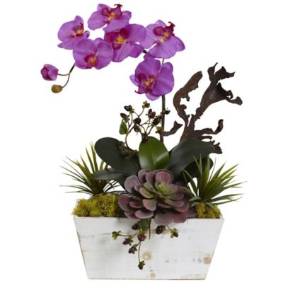 Nearly Natural 21 in. Artificial Orchid & Succulent Garden with White Wash Planter, Pink, 1458-OR