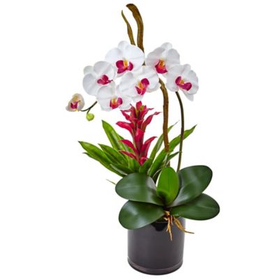 Nearly Natural 26 in. Artificial Orchid and Bromeliad Silk Arrangement in Glossy Black Cylinder Vase