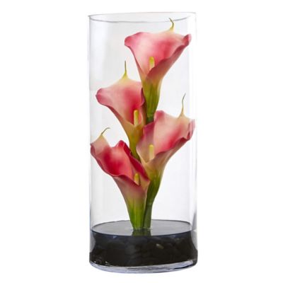 Nearly Natural Artificial 12 in. Calla Lily Arrangement in Cylinder Glass Vase, Pink