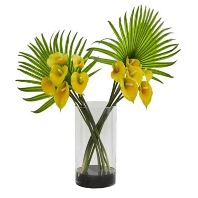 Nearly Natural Artificial 27 in. Calla Lily and Fan Palm Arrangement in Cylinder Glass Vase