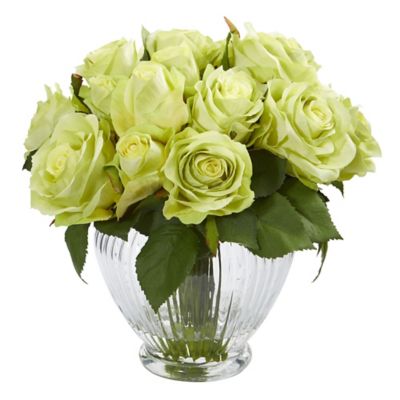 Nearly Natural 9 in. Artificial Rose Floral Arrangement in Elegant Glass Vase