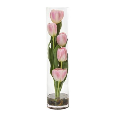 Nearly Natural 18 in. Artificial Tulips Arrangement in Cylinder Vase
