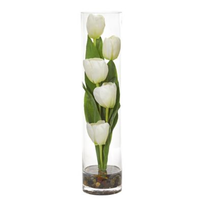 Nearly Natural Artificial Tulips Arrangement in Cylinder Vase, 18 in.