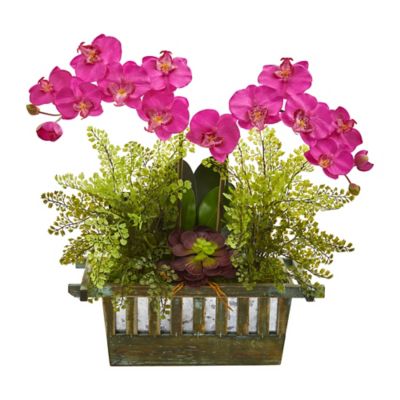 Nearly Natural 23 in. Artificial Orchid, Succulent and Maiden Hair Arrangement