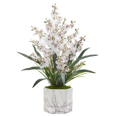 Nearly Natural 22 in. Artificial Dancing Lady Orchid Arrangement in Marble Finished Vase