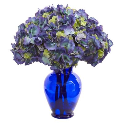 Nearly Natural Artificial Hydrangea Arrangement in Blue Vase, 21 in.