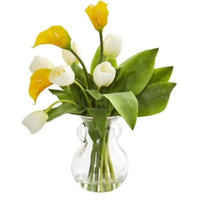 Nearly Natural 19 in. Artificial Calla Lily & Tulips Arrangement in Decorative Vase, Yellow