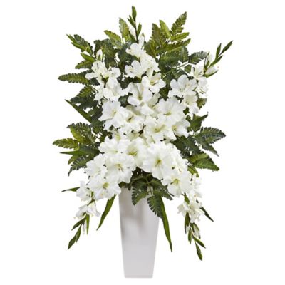 Nearly Natural 35 in. Artificial Gladiolas & Fern Arrangement in White Vase