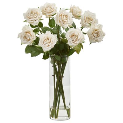 Nearly Natural 19 in. Artificial Rose Arrangement in Cylinder Vase, White