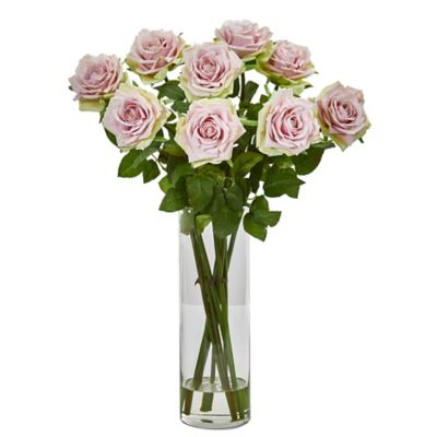 Nearly Natural 19 in. Artificial Rose Arrangement in Cylinder Vase, Pink