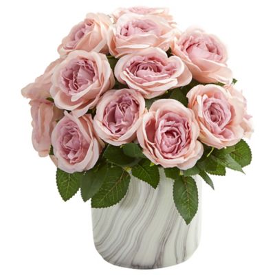 Nearly Natural 12 in. Artificial Rose Arrangement in Marble Finish Vase, Pink