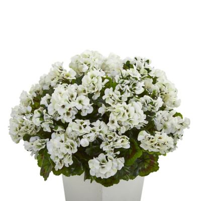 Image showing  Artificial 27 in. Geranium Plant in White Planter, UV-Resistant, Indoor/Outdoor
