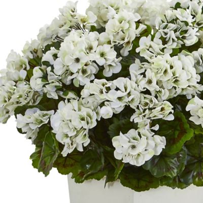Image showing  Artificial 27 in. Geranium Plant in White Planter, UV-Resistant, Indoor/Outdoor