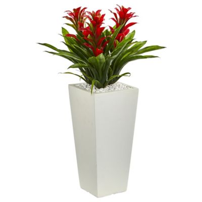 Nearly Natural Artificial 26 in. Triple Bromeliad Plant in White Tower Planter, Red