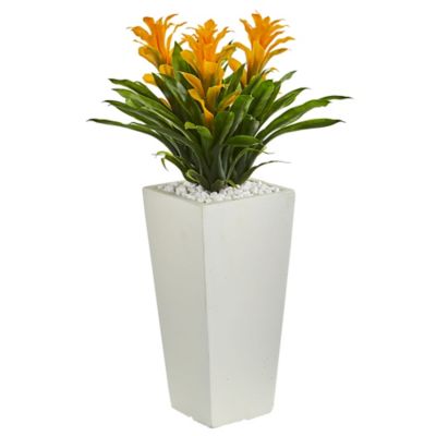 Nearly Natural Artificial 26 in. Triple Bromeliad Plant in White Tower Planter, Yellow