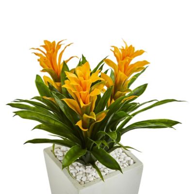 Image showing  Artificial 26 in. Triple Bromeliad Plant in White Tower Planter, Yellow