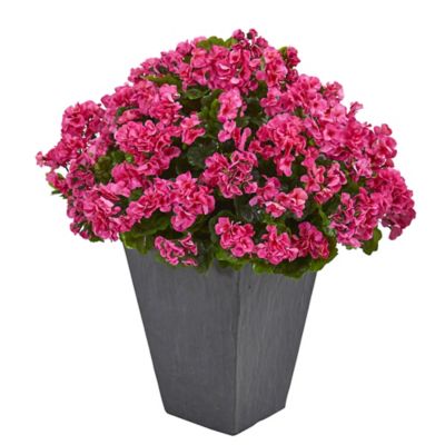 Nearly Natural 33 in. Artificial Geranium Plant in Slate Planter, UV Resistant, Indoor/Outdoor, Pink