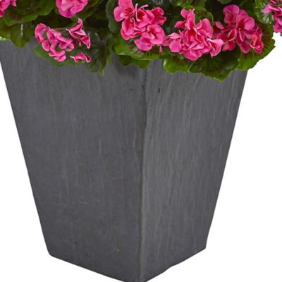 Image showing  33 in. Artificial Geranium Plant in Slate Planter, UV Resistant, Indoor/Outdoor, Pink