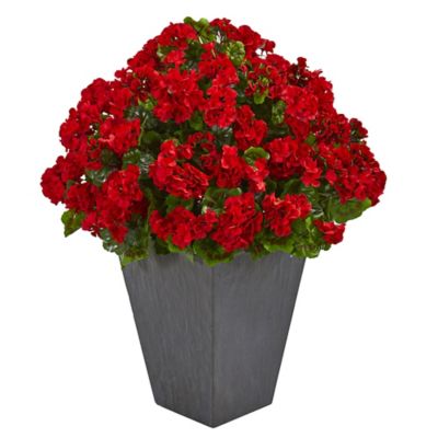 Nearly Natural 33 in. Artificial Geranium Plant in Slate Planter, UV Resistant, Indoor/Outdoor, Red