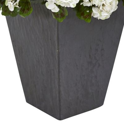 Image showing  33 in. Artificial Geranium Plant in Slate Planter, UV Resistant, Indoor/Outdoor, White